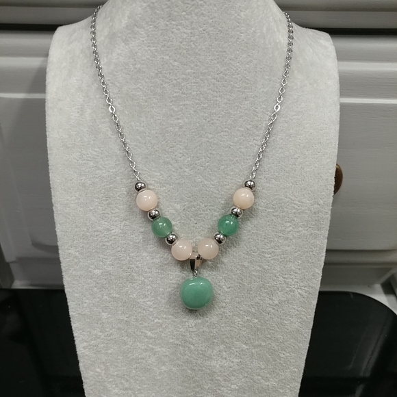 Aventurine Necklace Natural Gemstone Pendant Beads Stainless-Steel Green & Peach - Picture 9 of 17